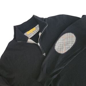 UP TO DATE Black Half-Zip Sweater wool cashmere  with Plaid Elbow Patches - L/G